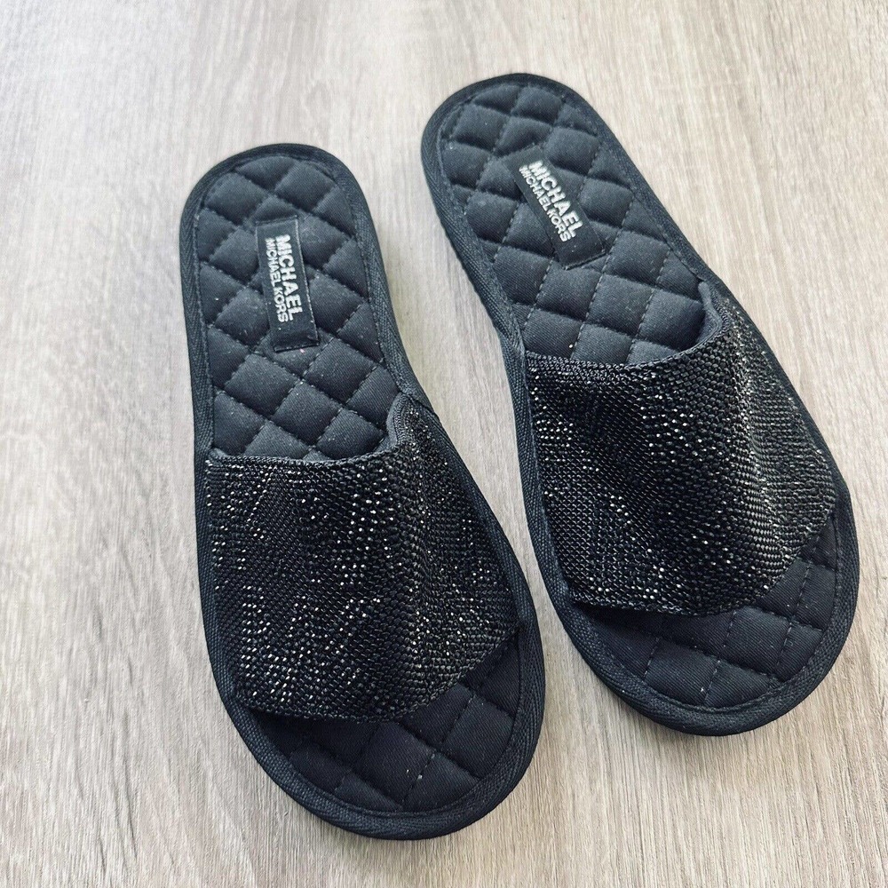 Michael Kors Black Open Toe Rhinestone Fabric Slippers - Picture 1 of 3